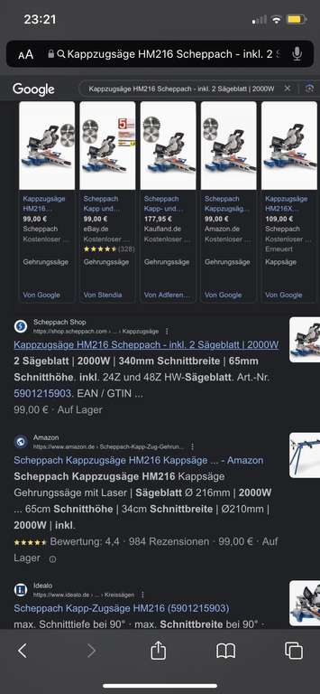 Kappzugsäge HM216 Scheppach - inkl. 2 Sägeblatt | 2000W | 340mm Schnittbreite | 65mm Schnitthöhe