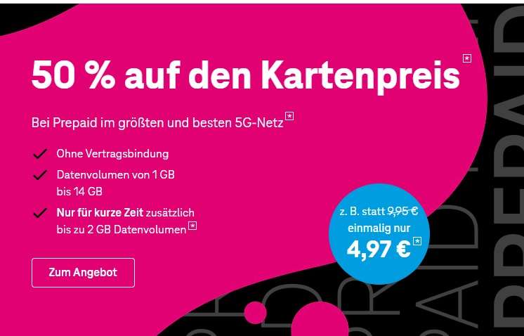 Telekom MagentaMobil Prepaid 50% auf Kartenpreis