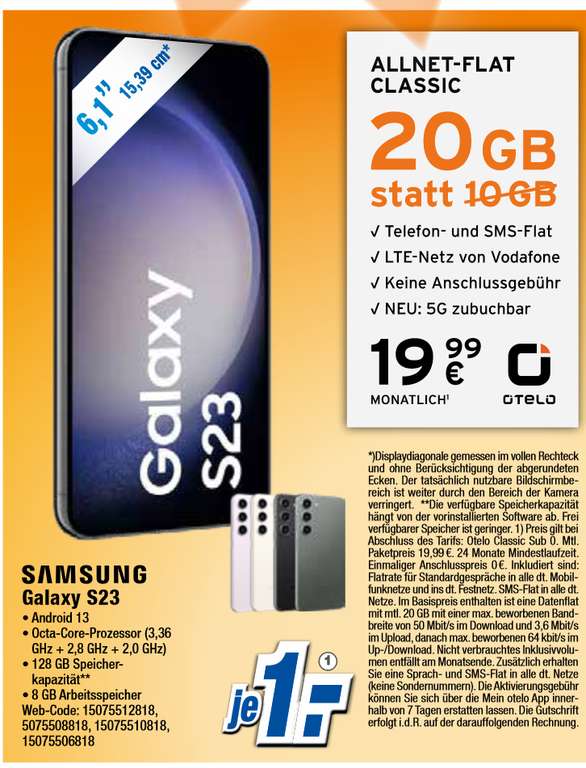 Lokal, Vodafone Netz: Samsung Galaxy S23 im Otelo Allnet/SMS Flat 20GB LTE für 19,99€/Monat, 1€ Zuzahlung, 0€ AG, 10€ RNM