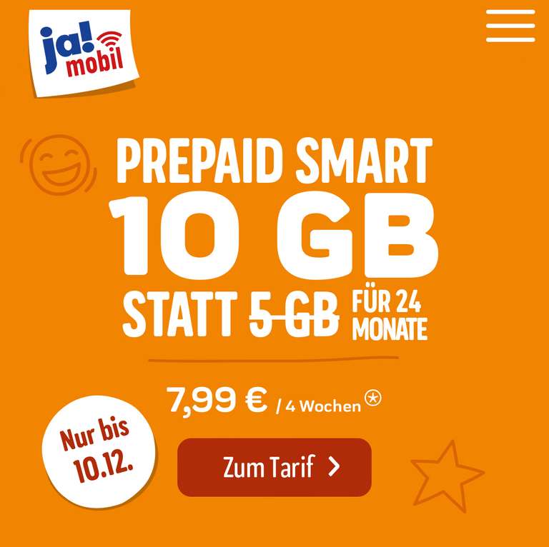 Ja Mobil Prepaid (Telekom Netz) die ersten 24 Monate 10GB statt 5GB für 7,99 euro im Monat