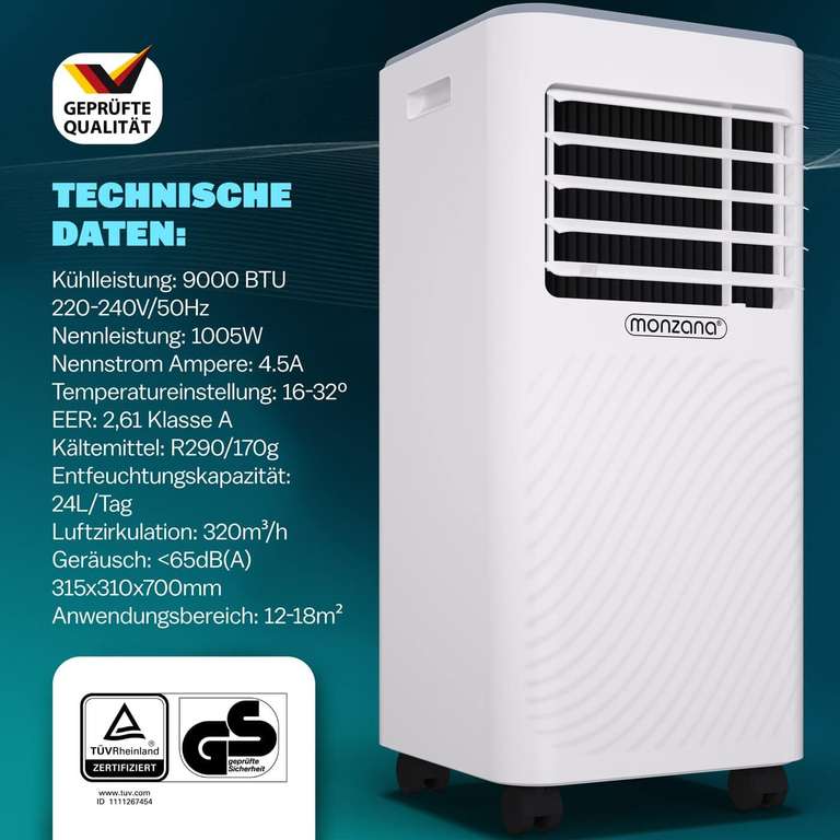 Mobile Klimaanlage 3 in 1 MZKA2600 Weiß App, Sprachsteuerung (CB 170,68€)