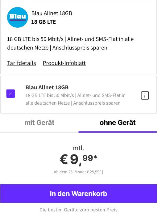 O2 Netz, Sim Only: Blau Allnet/SMS Flat 18GB LTE bis 50Mbit/s für 9,99€/Monat, 0€ AG /// Allnet/SMS Flat 23GB LTE für 11,99€