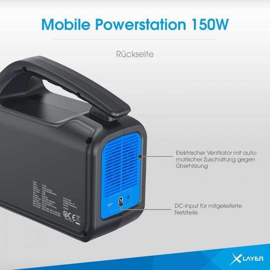 Xlayer Mobile Powerstation 42000mAh 230V Steckdose USB-C Spitze 150W 6 Anschlüsse + 80W Mobiles, faltbares Solarpanel