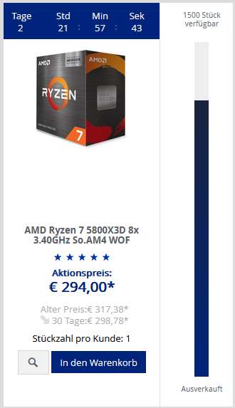 [Mindfactory] AMD Ryzen 7 5800X3D 8x 3.40GHz So.AM4 WOF - Versandkostenfrei zwischen 0-6 Uhr DAMN!-Deals