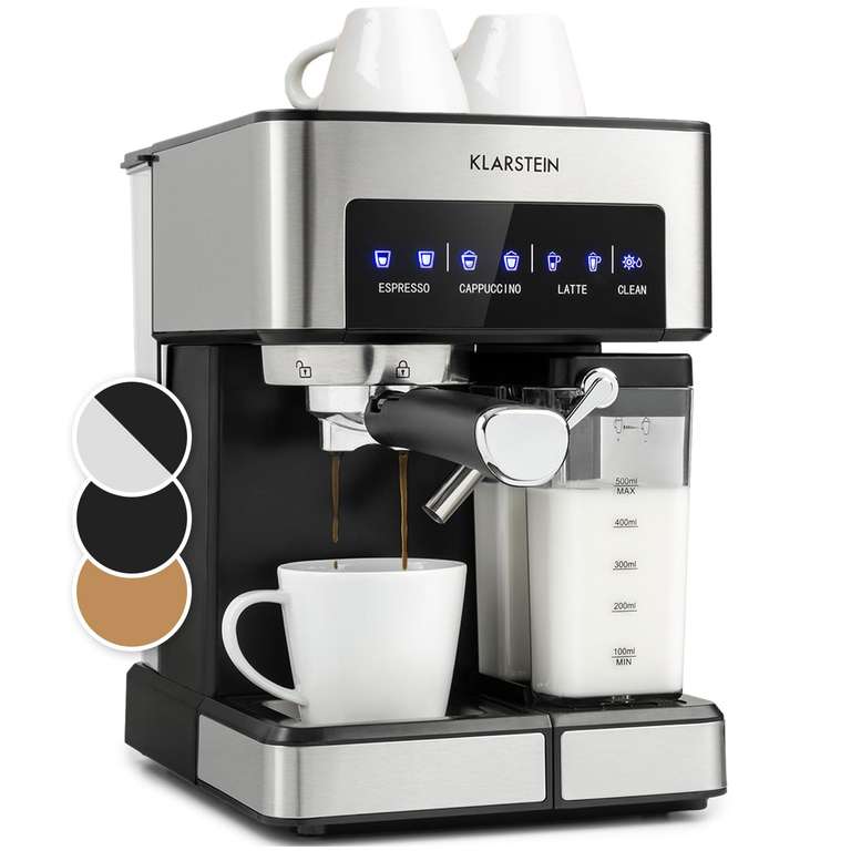 [Prime] Klarstein Espresso Siebträgermaschine mit Milchaufschäumer, 1,8L, 20 Bar Maschine, 0,5L Milchtank, 1350W, für Gemahlenen Kaffee