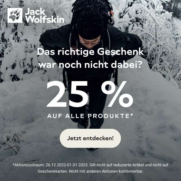 Jack Wolfskin Onlineshop - 25% Rabattaktion auf alle Produkte! - Gültig vom 26.12.2022 bis 01.01.2023