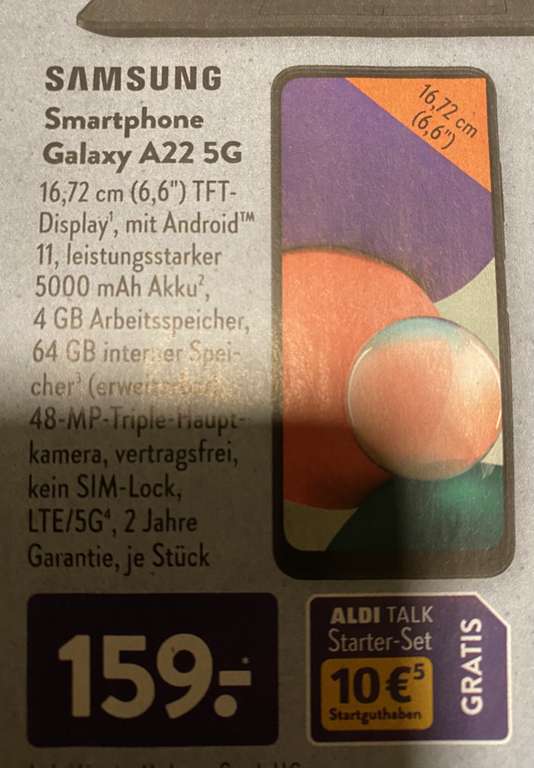 Samsung Galaxy A22 5G Smartphone 64GB + Aldi Talk starter set gratis (10er guthaben) ab 07.04.22 bei ALDI Süd & ALDI Nord
