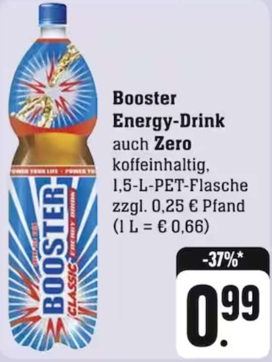 (Edeka Südwest) Booster Energy-Drink auch Zero, 1,5l, 0,99 € (1 L = 0,66 €)