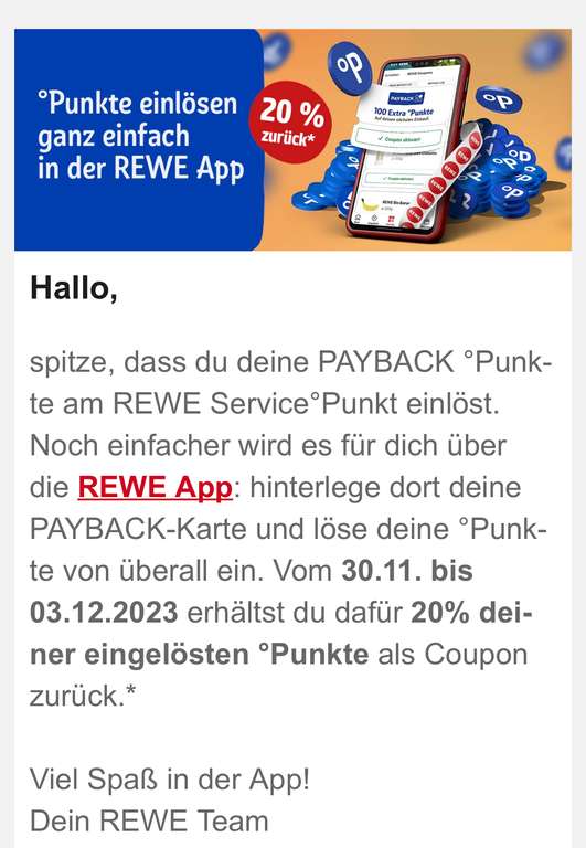 Rewe App - Payback Punkte einlösen und 20% Gutschrift zurück als Coupon