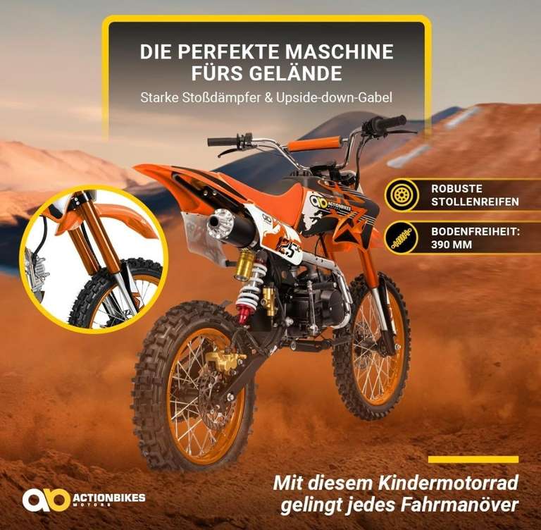 Actionbikes Motors Kinder Jugend-Cross-Dirtbike JC125 cc 17/14 | Scheibenbremsen - Kickstarter - Pocket Bike - Motocross - Dirtbike