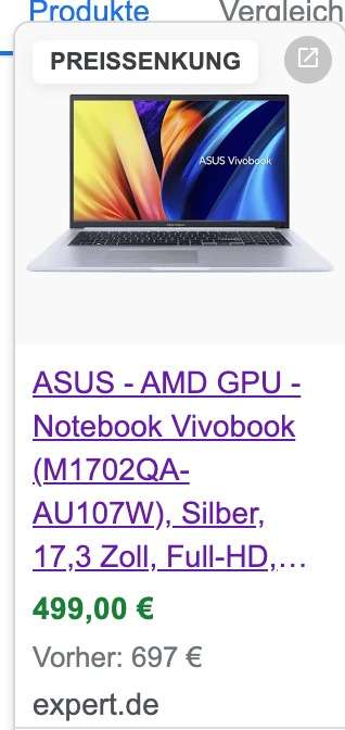 ASUS Notebook Vivobook (M1702QA-AU 107W), Silber, 17,3 Zoll, Full-HD, AMD Ryzen 7-5800H, 16GB, 512GB SSD