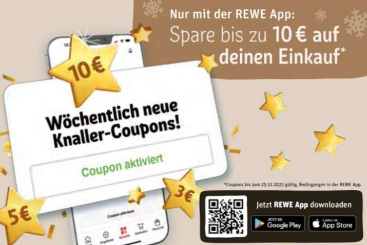 [Rewe App] Bis zu 10€ auf deinen Einkauf sparen - Wöchentlich neue Knaller-Coupons (3€/5€/10€) | 10€ Coupon (EKW: 100€) bis 25.12.