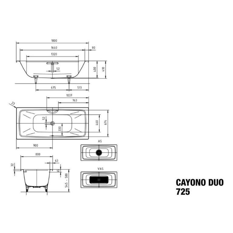 Kaldewei Badewanne 272500010711 BW CAYONO DUO Mod. 725, 1800 x 800 mm, Stahl-Emaille, alpinweiß matt
