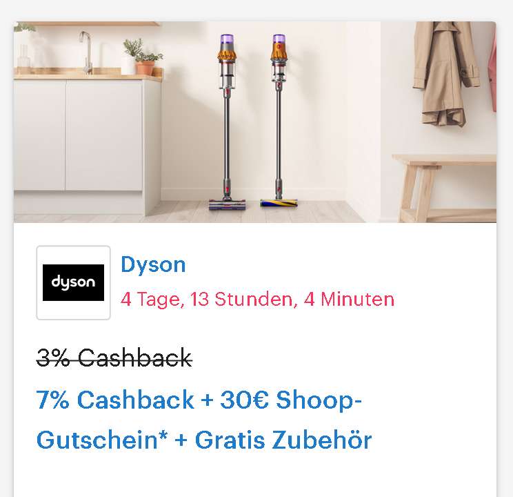 [Dyson + Shoop] 7% Cashback + 30€ Shoop-Gutschein* + Gratis Zubehör