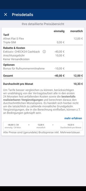 Congstar Allnet Flat S Flex mit ca. 19 Euro Gewinn (Check24 App)