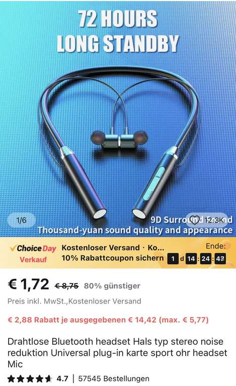 Choice Day: zum Beispiel Bluetooth Headset fürs 1,72€ (Bestellung von 3 Artikeln je 1,72€ notwendig)
