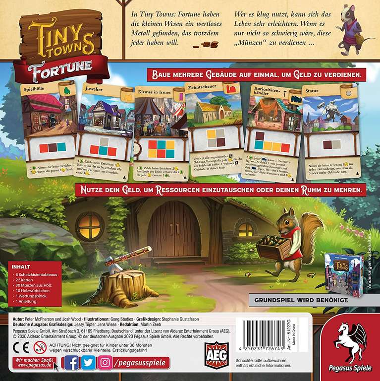 Tiny Towns + Erweiterung Fortune | Brettspiel (Puzzle-Aufbauspiel) für 1-6 Personen ab 8 Jahren | ca. 30-45 Min. | BGG: 7.3 / 7.6
