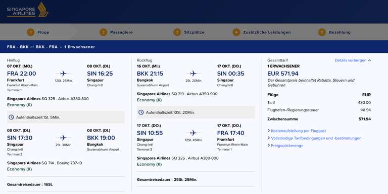 [Singapore Airlines] Flüge Frankfurt - Bangkok Hin- & Rückflug | Mai bis November (Außer Juli) ab 572€ inkl. Gepäck