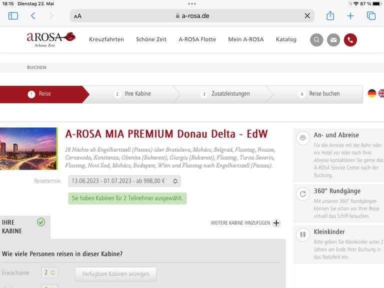 A-rosa MIA Donaukreuzfahrt 13.06.-01.07.2023 all-inklusive (€998 pro Person)