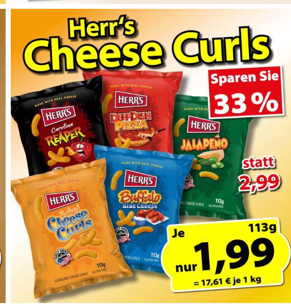 [Lebensmittel-sonderposten.de] Herr's Carolina Reaper Cheese Curls u.a. Sorten - 113g - MHD 11/2023 - mehrere Tüten kaufen wegen Versand