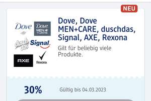 dm, 30% Coupon in der App auf: Dove, dive men+care, duschdas, signal, AXE, rexoba