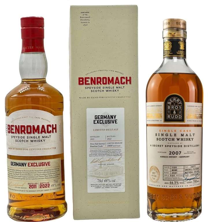 Whisky-Übersicht 185: z.B. Benromach 2011/2022 Germany Exclusive für 56,85€, Secret Speyside 2007/2021 64,3% vol. für 82,85€ inkl. Versand