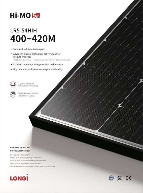 LONGI 405W Solarmodul PV-Modul Solarpanel 36 Stück per Palette