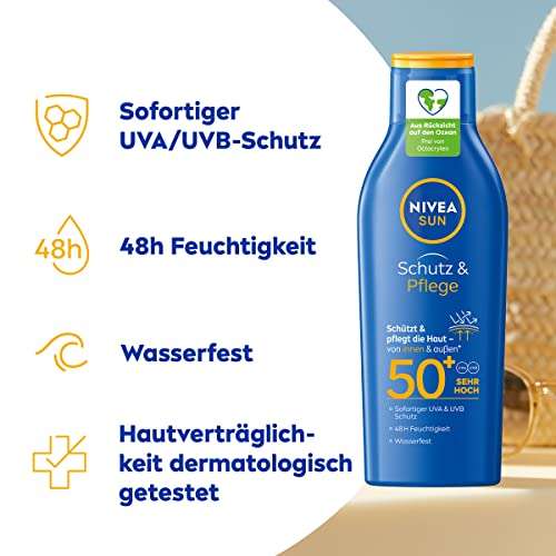 Nivea Sun Produkte reduziert, z.B. Schutz & Pflege Sonnenmilch LSF 50+ (200 ml) für 6,44€ [Prime Spar-Abo]