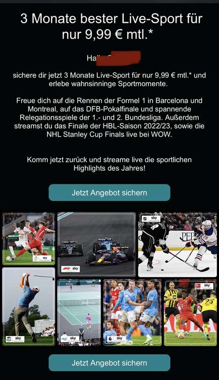 WOW TV Live Sport 3 Monate für 9,99€ mtl. (personalisiert)