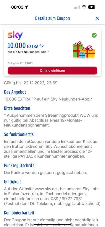 [Payback] Sky Abo 10.000 Punkte = 100€ Cashback bei Abschluss für Neukunden