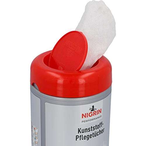 NIGRIN Kunststoff-Pflege-Tücher glänzend, feuchte Tücher für Kunststoff- und Vinyoberflächen im Fahrzeug-Innenraum, 36 Stück (Prime)