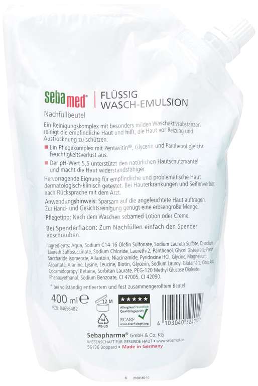 Sebamed Flüssig Waschemulsion Nachfüllbeutel 2 Stück für 5,56 Euro, pro Stück somit 2.78 je Stück für amazon Prime Kunden