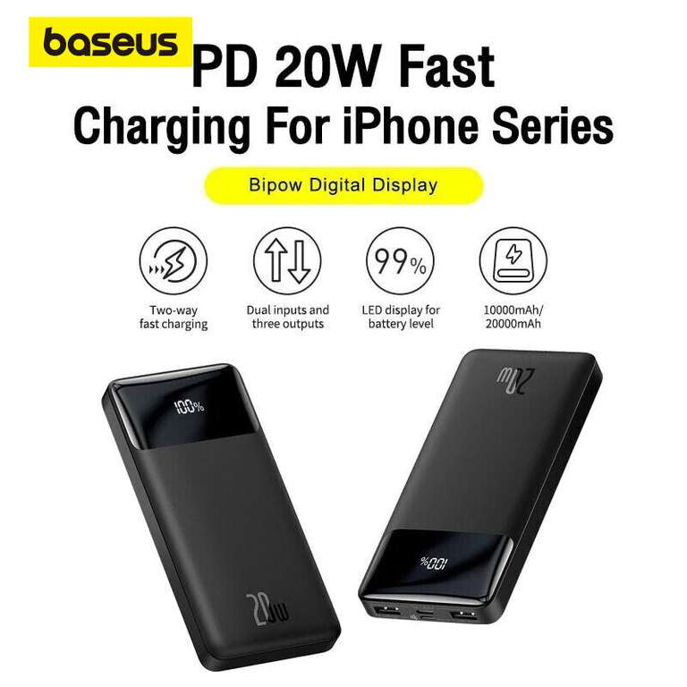 Baseus Power Bank 20000mAh 20W Schwarz (1x USB-C, 2x USB-A)
