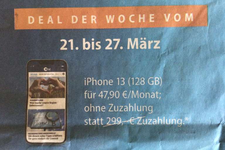 Lokal (Osnabrücker Zeitung) - iPhone 13 über NOZ Digital-Abo für 360€