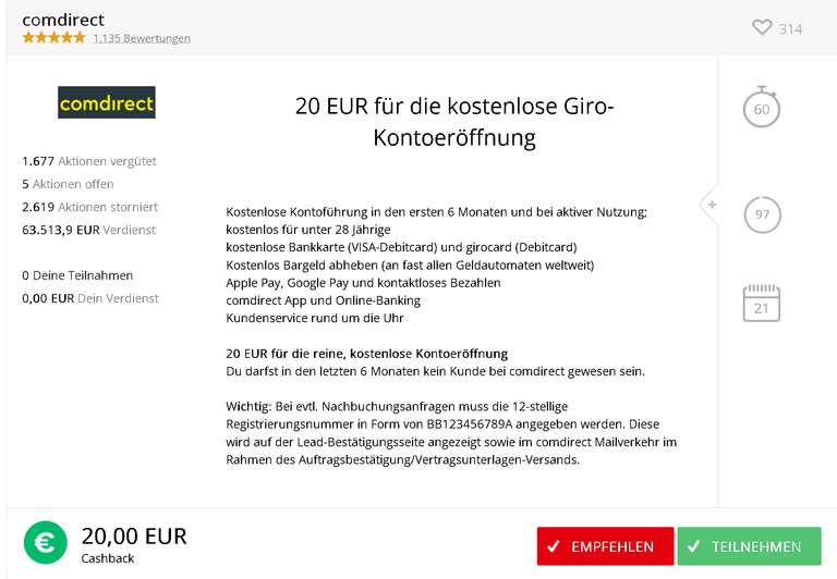 [Comdirect + Questler] 70€ Bonus für kostenloses Girokonto inkl. Tagesgeldkonto, 4% Zinsen p.a., 6 Monate, 1 Mio. €, Neukunden, eID möglich
