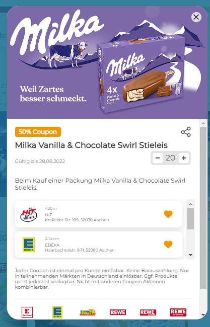 [Hit | Couponplatz | Coupies] Milka Vanilla & Chocolate Swirl Stieleis - mit direkt Coupon - für 0,90 € - oder 1x via Cashback