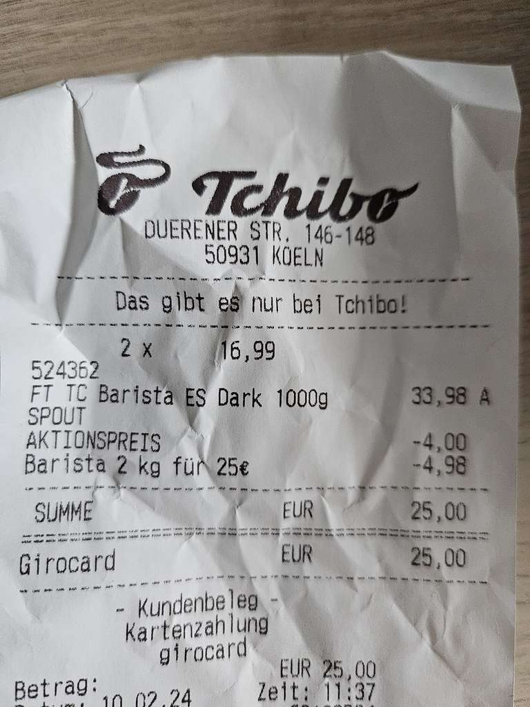 Tchibo Kaffee barista espresso bohnen 2kg für 25€ nur offline