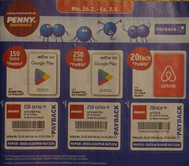 [Penny] [Payback] 20-fach Punkte auf Airbnb + 150/250 Punkte extra auf Google 15€/25€ Karten 26.02.-02.03.2024