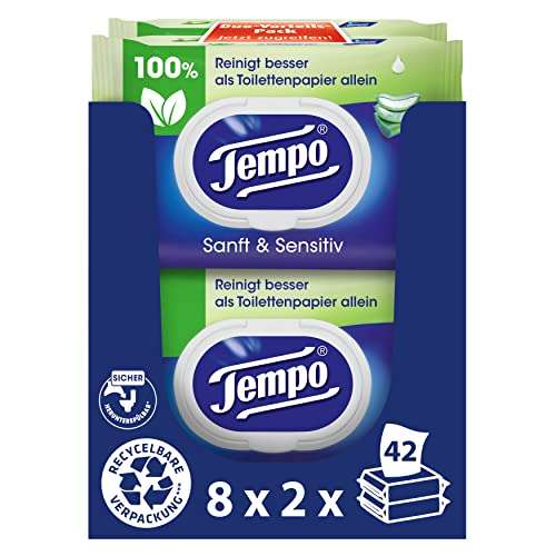 [Prime - Sparabo] Tempo Feuchte Toilettentücher / Toilettenpapier "Sanft & Sensitiv" - Megapack - 16 Packungen mit je 42 Tüchern