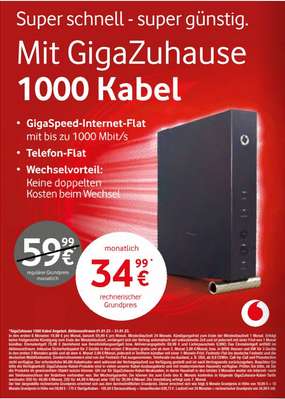 Lokal, Kabel: Vodafone Kabel GigaZuhause 1000Mbit/s effektiv 34,99€/Monat durch 175€ Aktionsguthaben & 185€ Auszahlung & inkl. Router