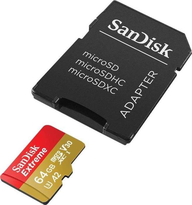 SanDisk Extreme microSDXC UHS-I Speicherkarte 64 GB + Adapter (Rot/Gold, A2, C10, V30, U3, 160 MB/s Übertragung, Rescue Pro Deluxe)