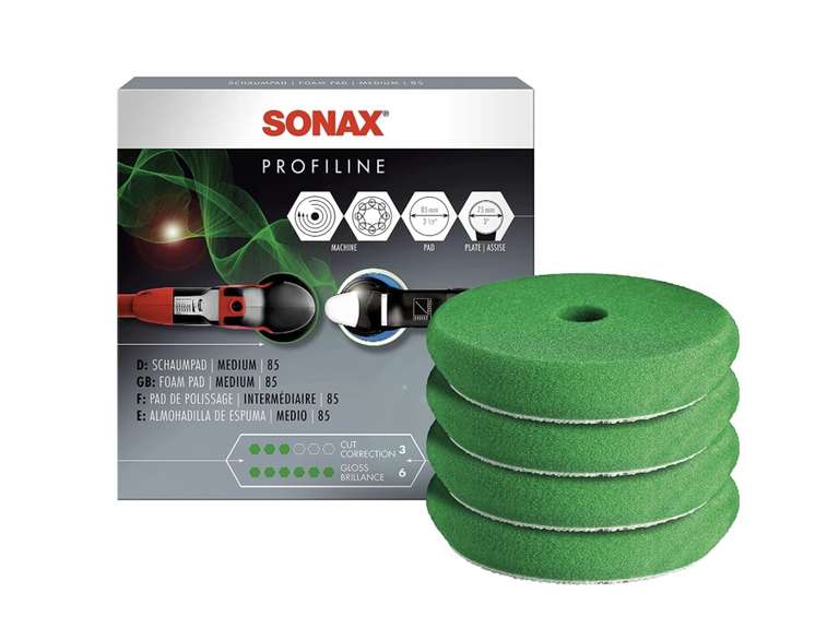 [Amazon Prime] Sonax 85mm 4er Pack Schaumstoff Polierpad hart (rot) & mittel (grün)