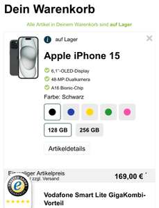 100€ Wechselbonus VODAFONE SMART LITE GIGAKOMBI-VORTEIL monatlich 29,99€ IPhone 15 169€
