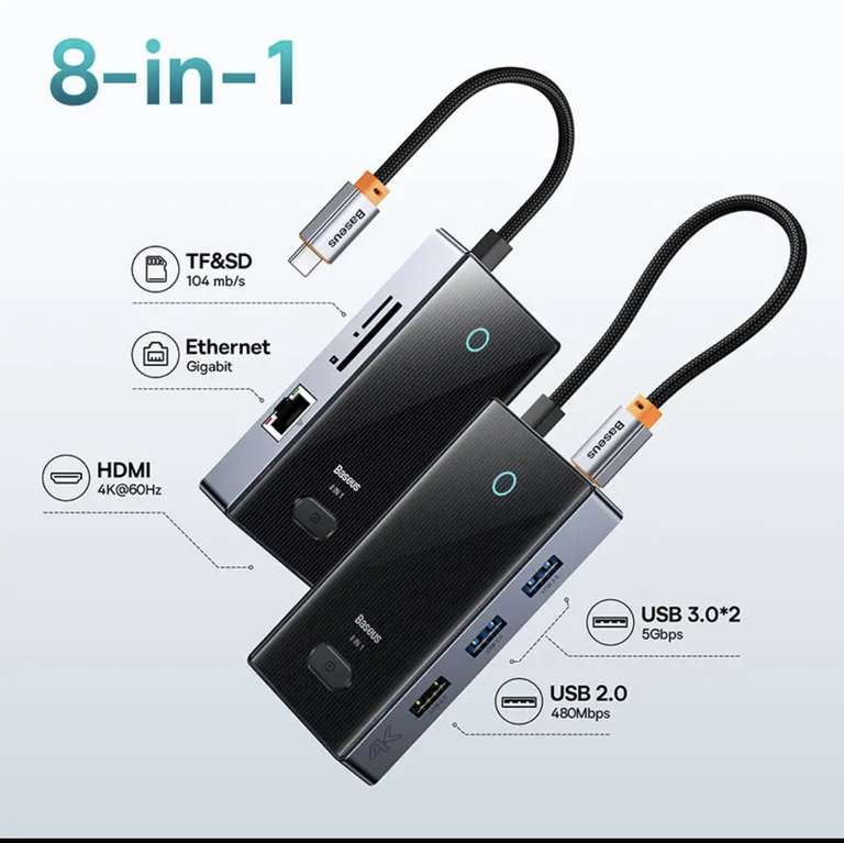 AliExpress: Baseus 8-in-1 USB-C Hub mit HDMI 4K@60Hz, PD 100W, SD-Kartenleser und ZENSURKNOPF!