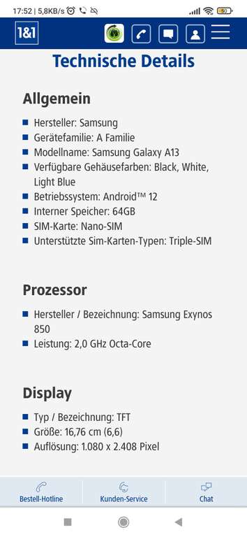 Samsung Galaxy A13 mit Vertrag. 24 Monate Laufzeit, 1GB Allnet Flat, 1&1 für effektive 19,81€ (durch Tauschprämie)