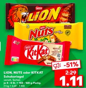 (Kaufland) Nestlé Hüftgold günstiger - LION, NUTS oder KITKAT-Schokoriegel (150-168 g Packung mit 4 oder 5 Riegeln)
