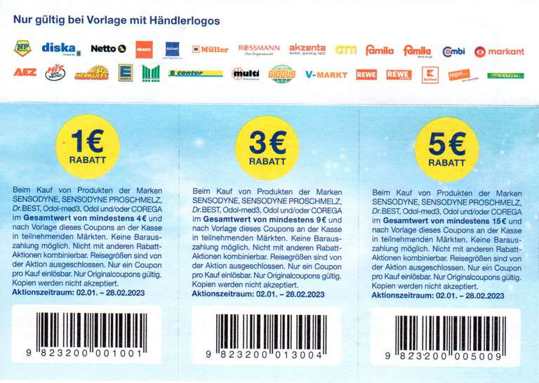 1€/3€/5€ Rabatt Coupons ab 4€/9€/15€ Dr. Best, Proschmelz, Sensodyne oder Odol-med3 Produkten bis 28.02.2023