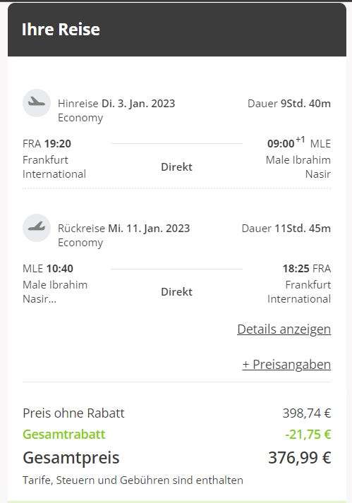 Last-Minute-Direktflüge: Malediven [Jan.'23] ab Frankfurt inkl. Gepäck mit Eurowings Discover ab 378 EUR für Hin- & Rückflug