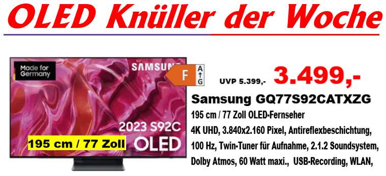 Samsung Fernseher GQ77S92CATXZG OLED 77" Antireflex 2023 er Modell Preis auf 2999,. gesenkt