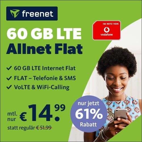 [Vodafone-Netz] 60GB Tarif von freenet für mtl. 14,99€ mit 100 Mbit/s + VoLTE, WLAN Call, Allnet- & SMS-Flat & eSIM | Startdatum bis 31.03.